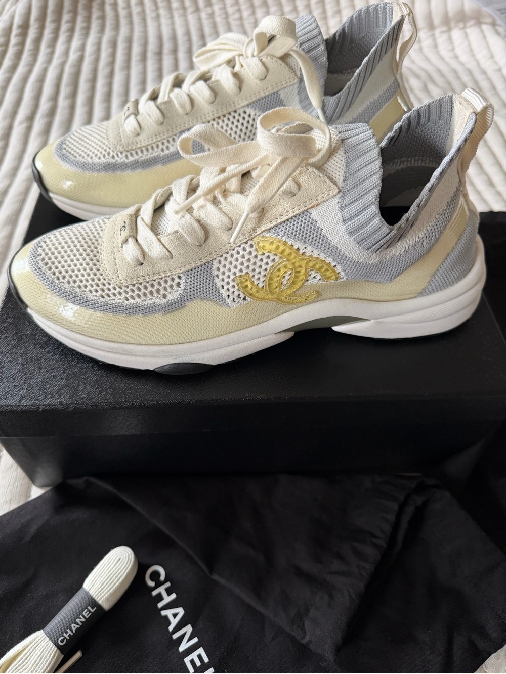 CHANEL Cream, Gray & Yellow Knit Logo Runner Sneakers **AUTHENTIC **